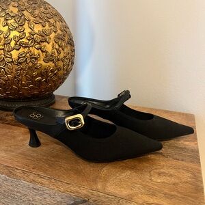 Black Heeled Mules with Gold Buckle